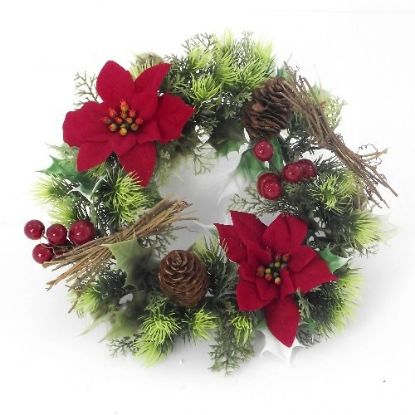 Picture of PLASTIC HOLLY WREATH SMALL WITH POINSETTIA RED