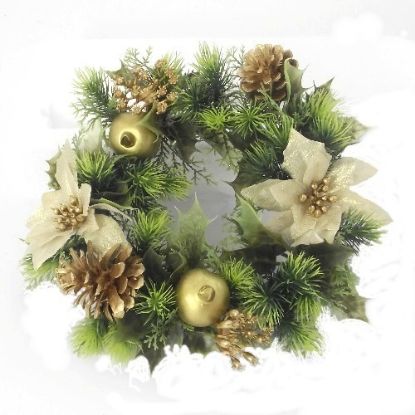 Picture of PLASTIC HOLLY WREATH SMALL WITH POINSETTIA GOLD