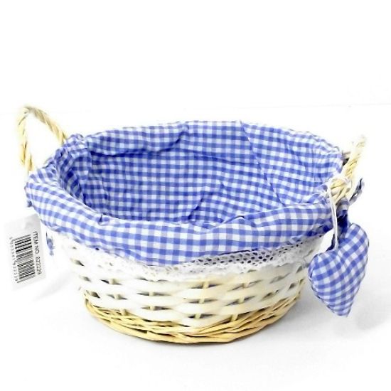 Picture of 23cm ROUND GINGHAM CLOTH LINED EARED BASKET WITH HEART BLUE