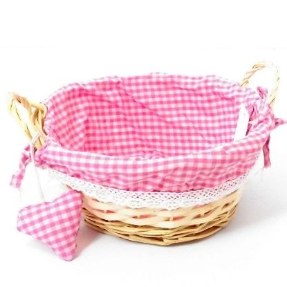 Picture of 23cm ROUND GINGHAM CLOTH LINED EARED BASKET WITH HEART PINK