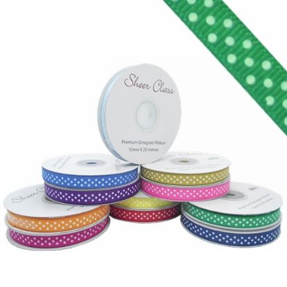 Picture of GROSGRAIN RIBBON DOTTY WHITE 10mm X 25met EMERALD GREEN