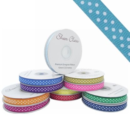 Picture of GROSGRAIN RIBBON DOTTY WHITE 10mm X 25met TURQUOISE