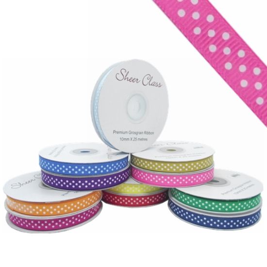 Picture of GROSGRAIN RIBBON DOTTY WHITE 10mm X 25met HOT PINK