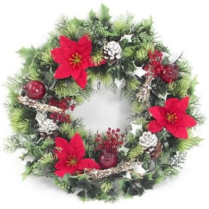 Picture of PLASTIC HOLLY WREATH LARGE WITH VELVET POINSETTIAS AND SNOW RED