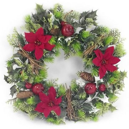 Picture of PLASTIC HOLLY WREATH LARGE WITH 3 POINSETTIAS RED