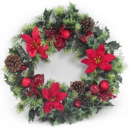 Picture of PLASTIC HOLLY WREATH LARGE WITH VELVET POINSETTIAS AND BAUBLES RED