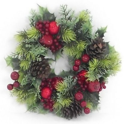 Picture of PLASTIC HOLLY WREATH SMALL WITH BERRIES AND CONES RED