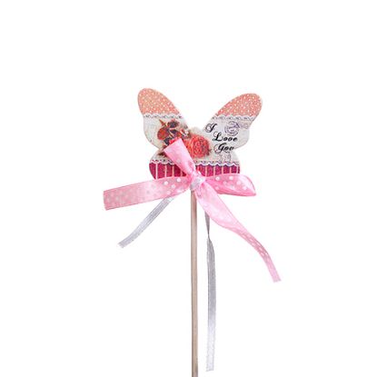Picture of 27cm WOODEN I LOVE YOU BUTTERFLY PICK WITH PINK DOTTY RIBBON X 10pcs