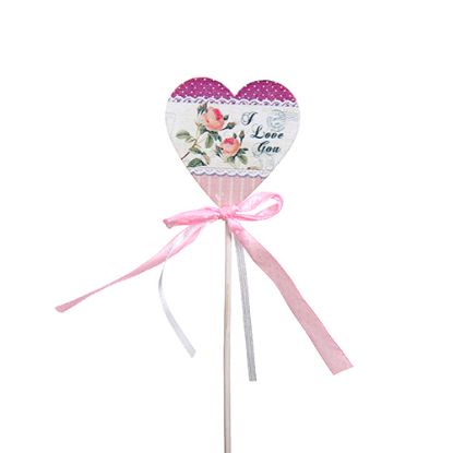 Picture of 27cm WOODEN I LOVE YOU HEART PICK WITH PINK DOTTY RIBBON X 10pcs