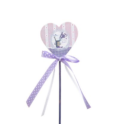 Picture of 27cm WOODEN HEART PICK WITH LILAC DOTTY RIBBON X 10pcs