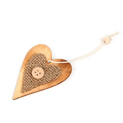 Picture of PACK OF 3 6.5cm HANGING WOODEN HEARTS WITH BUTTON NATURAL/HESSIAN
