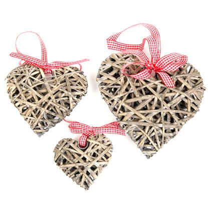 Picture of 10cm WICKER HEART WITH RED GINGHAM RIBBON GREY