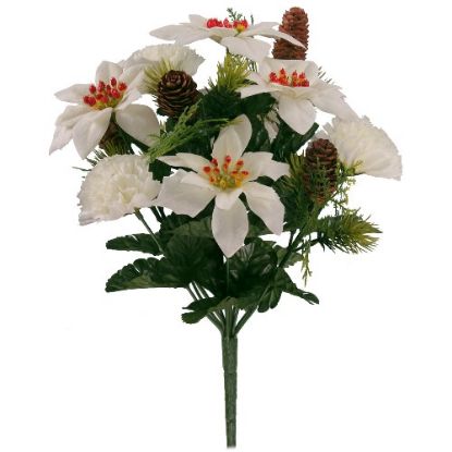 Picture of 39cm CHRISTMAS BUSH WITH POINSETTIAS CARNATIONS AND PINE CONES IVORY