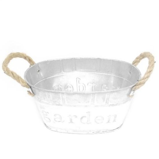 Picture of 20cm METAL OVAL PLANTER 'GARDEN' WITH ROPE HANDLES GREY/WHITE
