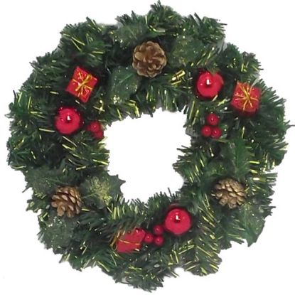 Picture of 30cm SPRUCE WREATH WITH PARCELS CONES BERRIES AND BAUBLES RED/GOLD