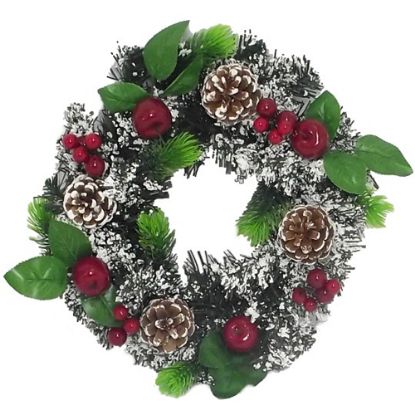 Picture of 30cm SPRUCE WREATH WITH SNOW CONES BERRIES AND APPLES RED/WHITE