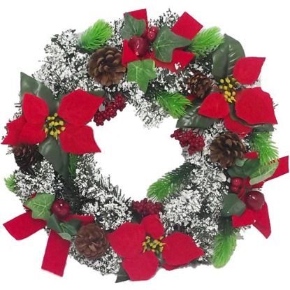 Picture of 40cm SPRUCE WREATH WITH VELVET POINSETTIAS SNOW CONES BERRIES AND BOW RED/WHITE