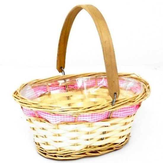 Picture of 25cm OVAL PLANTING BASKET WITH GINGHAM RIBBON BOW AND WOODEN HANDLE NATURAL/PINK