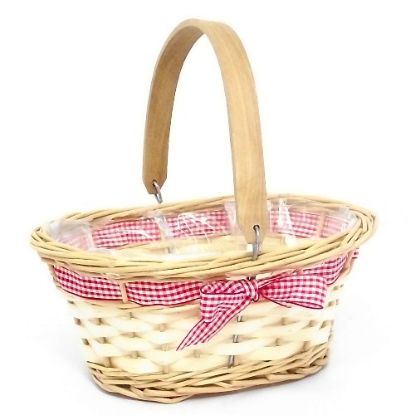 Picture of 25cm OVAL PLANTING BASKET WITH GINGHAM RIBBON BOW AND WOODEN HANDLE NATURAL/RED