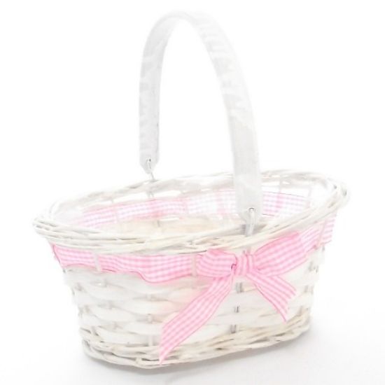 Picture of 25cm OVAL PLANTING BASKET WITH GINGHAM RIBBON BOW AND WOODEN HANDLE WHITE/PINK