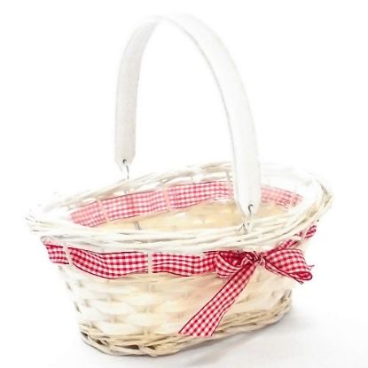 Picture of 25cm OVAL PLANTING BASKET WITH GINGHAM RIBBON BOW AND WOODEN HANDLE WHITE/RED