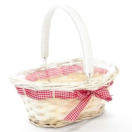 Picture of 25cm OVAL PLANTING BASKET WITH GINGHAM RIBBON BOW AND WOODEN HANDLE WHITE/RED