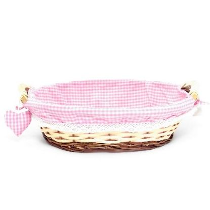 Picture of 40cm OVAL GINGHAM CLOTH LINED HAMPER BASKET WITH 2 WOODEN HANDLES AND HEART PINK