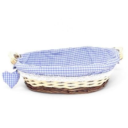 Picture of 40cm OVAL GINGHAM CLOTH LINED HAMPER BASKET WITH 2 WOODEN HANDLES AND HEART BLUE