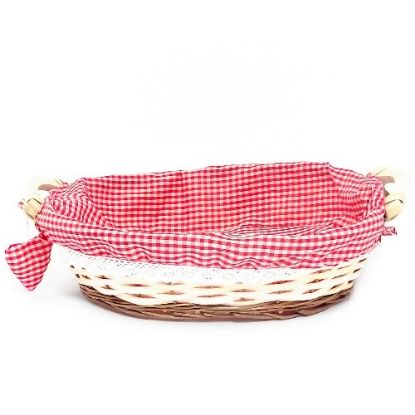 Picture of 40cm OVAL GINGHAM CLOTH LINED HAMPER BASKET WITH 2 WOODEN HANDLES AND HEART RED