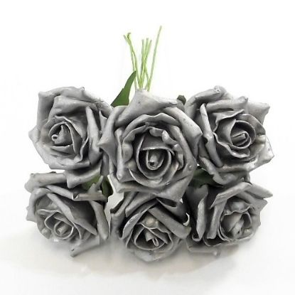 Picture of PRINCESS COLOURFAST FOAM ROSE BUNCH OF 6 PEARLISED SILVER