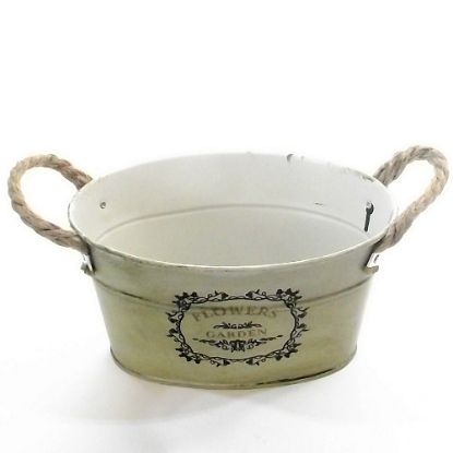 Picture of 19cm METAL OVAL PLANTER WITH ROPE HANDLES 'FLOWERS GARDEN' CREAM