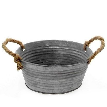 Picture of 19cm METAL OVAL RIBBED PLANTER WITH ROPE HANDLES ZINC