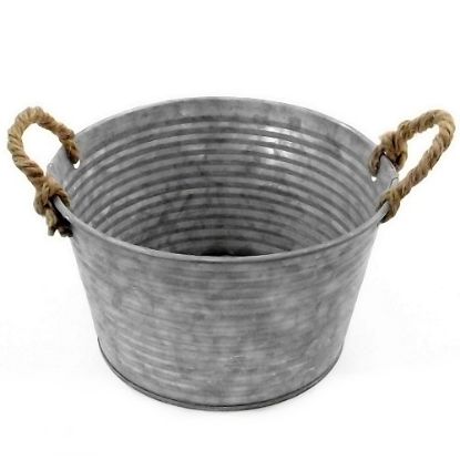 Picture of 19cm METAL ROUND RIBBED PLANTER WITH ROPE HANDLES ZINC