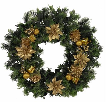 Picture of 18 INCH LARGE PLASTIC HOLLY WREATH WITH POINSETTIAS GOLD