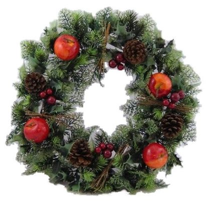 Picture of 18 INCH LARGE PLASTIC HOLLY WREATH WITH APPLE AND CONE NATURAL