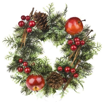 Picture of 11 INCH PLASTIC HOLLY WREATH WITH APPLE AND CONE NATURAL