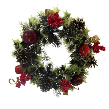Picture of 11 INCH PLASTIC HOLLY WREATH WITH ROSES APPLES AND CONES RED 