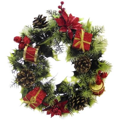 Picture of 11 INCH PLASTIC HOLLY WREATH WITH POINSETTIAS AND DRUMS RED