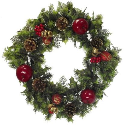 Picture of 18 INCH PLASTIC HOLLY WREATH WITH ROSES APPLES AND CONES RED