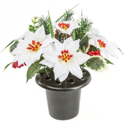 Picture of POINSETTIA/HOLLY AND PINE CEMETERY POT IVORY X 12pcs