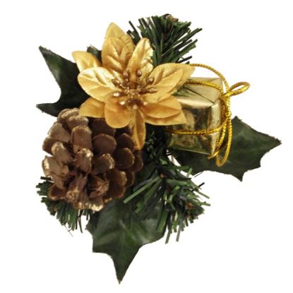 Picture of CHRISTMAS PICK WITH PARCEL POINSETTIA AND CONE GOLD X 72pcs