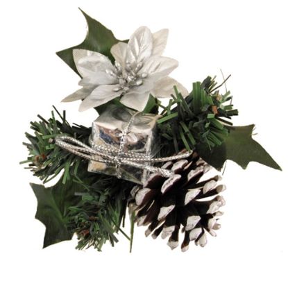 Picture of CHRISTMAS PICK WITH PARCEL POINSETTIA AND CONE SILVER X 72pcs