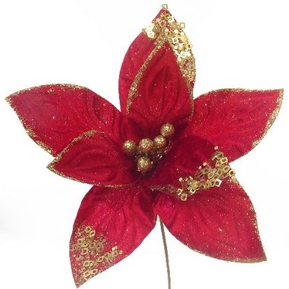 Picture of 45cm SINGLE VELVET POINSETTIA WITH SEQUINS RED/GOLD