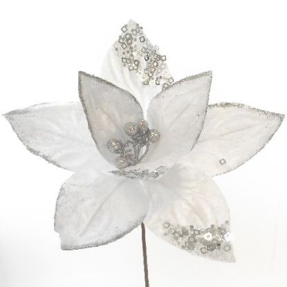 Picture of 45cm SINGLE VELVET POINSETTIA WITH SEQUINS WHITE/SILVER