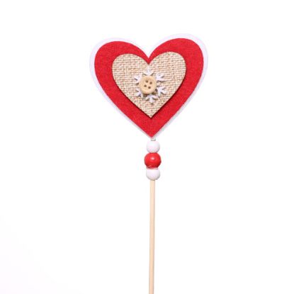 Picture of 31cm WOODEN BUTTON SNOWFLAKE HEART PICK RED/WHITE X 6pcs