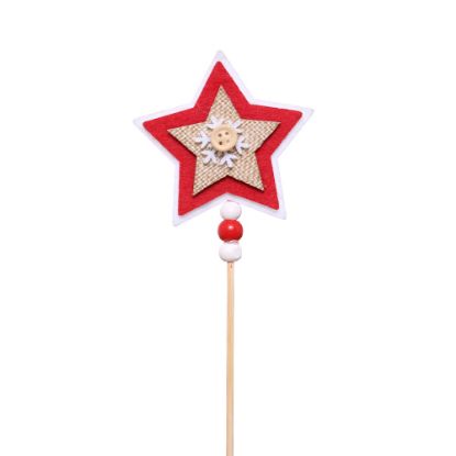 Picture of 31cm WOODEN BUTTON SNOWFLAKE STAR PICK RED/WHITE X 6pcs