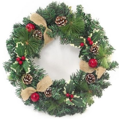 Picture of 40cm (16 INCH) SPRUCE/PINE WREATH WITH JUTE RIBBON BOWS APPLES CONES AND HOLLY