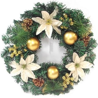 Picture of 40cm (16 INCH) SPRUCE/PINE WREATH WITH POINSETTIAS BAUBLES CONES AND BERRIES IVORY/GOLD