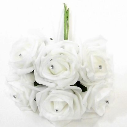 Picture of PRINCESS COLOURFAST FOAM ROSE WITH DIAMANTE BUNCH OF 6 WHITE
