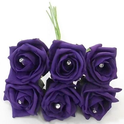 Picture of PRINCESS COLOURFAST FOAM ROSE WITH DIAMANTE BUNCH OF 6 PURPLE